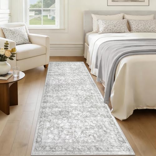 2x8 Hallway Runner Rug: Washable Vintage Floral Entryway Rugs Low Pile Non-Slip Boho Carpet for Kitchen, Bedroom, Bathroom, Dining Room (Grey, 2'x8') - Image 3