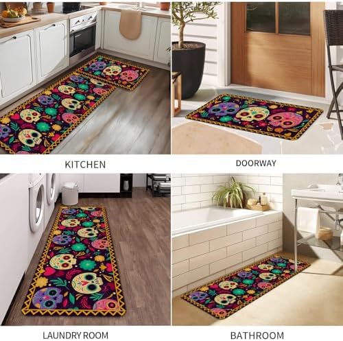 Mexican Skulls Kitchen Mat Set of 2, Halloween Kitchen Rugs Colorful Sugar Skull Calavera Day of The Dead Kitchen Rug Decor Home Decorations, Día de Los Muertos Floor Mat - Image 7