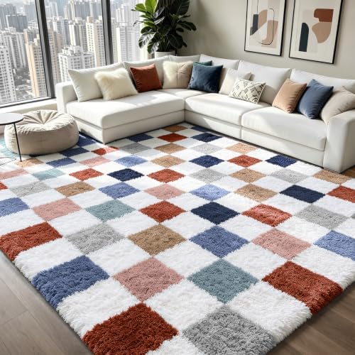 Shag Area Rug for Bedroom Living Room,6x9 Fluffy Soft Colorful Checkered Rug Fuzzy Shaggy Bedroom Carpet,Indoor Plush Floor Rugs for Teen Dorm Home Decor by Boshengya