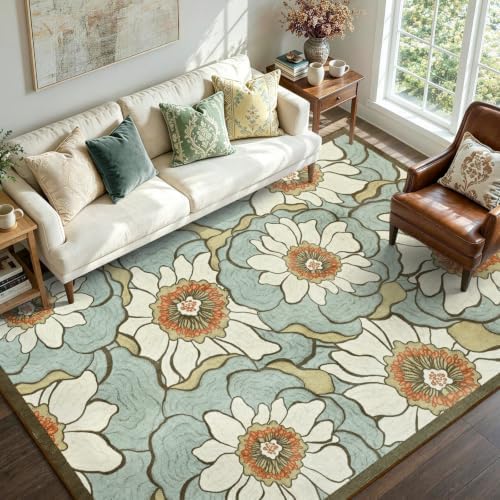 8x10 Ft Floral Area Rugs for Living Room, Thin Soft Washable Carpet Green - Image 2