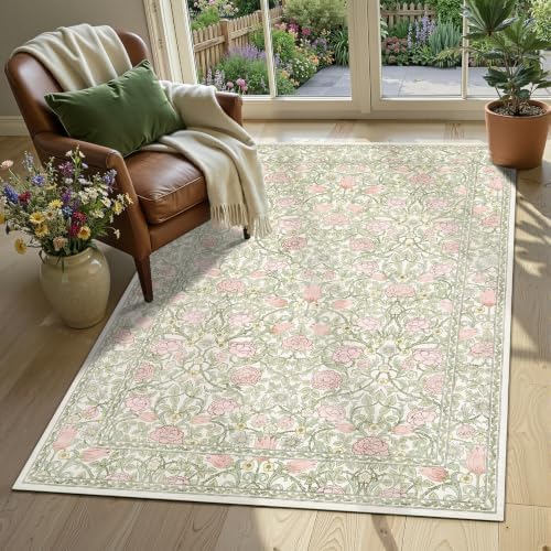 GarveeHome Pink Green Beige Floral 3x5 Area Rug for Nursery Bedroom by GarveeHome