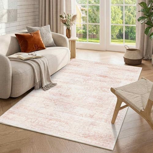 Pink 4x6 Area Rug for Entryway, Vintage Washable Cute Small Rugs by LatteFog