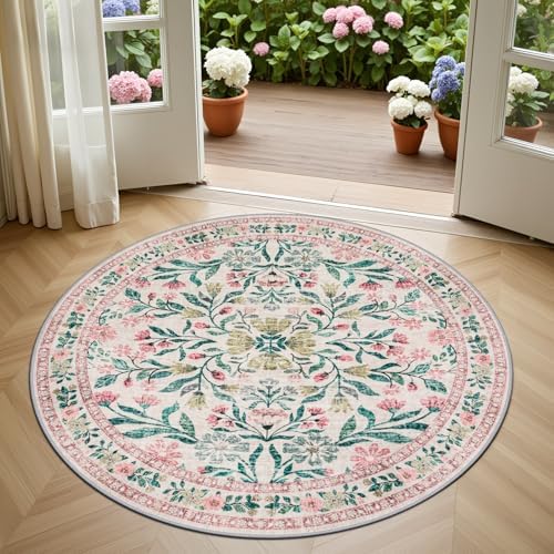 PLHXFR Round Area Rug Living Room: 4 ft Floral Washable Carpet Pink Green - Image 2