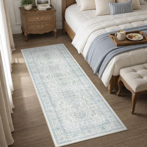 3x7 Washable Kitchen Runner Rug Non-Slip Vintage Blue Throw Carpet by HOME