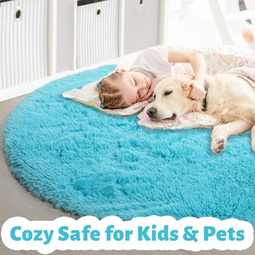 Amdrebio Blue Round Shaggy Rug 4Ft for Kids Bedroom Classroom Dorm Nursery - Image 2