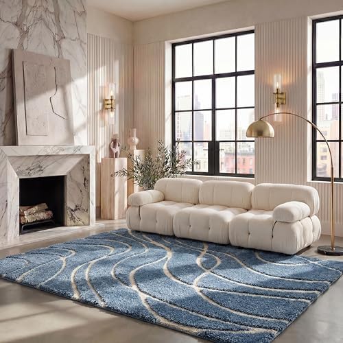 SAFAVIEH Area Rug 6x8 - Florida Shag Collection - Modern Design, Light Blue & Cream, Non-Shedding & Easy Cleaning, Plush Thick Pile, Ideal for Living Room, Bedroom, Nursery (SG471-6011) by Unknown