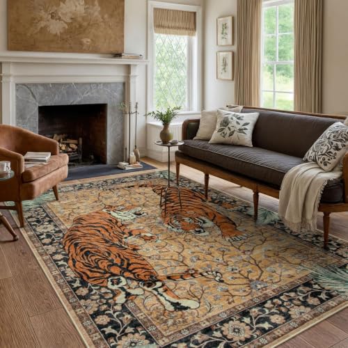 Moynesa Tiger 6x9 Rug, Washable Large Rugs for Living Room, Vintage Non Slip Boho Bedroom Area Rug, Ultra Thin Soft Indoor Floor Carpet for Dining Room Home Office, Camel - Image 6