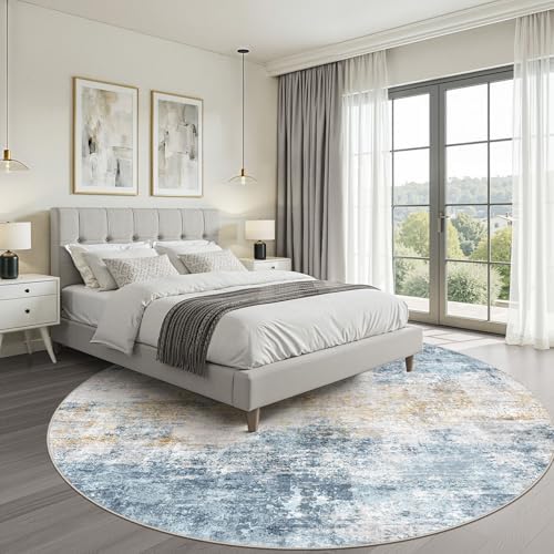 LOONGRUG Round Rug 6x6 Washable Neutral Modern Living Room Rug Blue Gold - Image 4