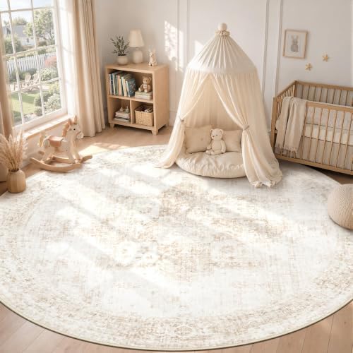Round Rugs 8ft Washable Rug, Vintage Boho Medallion Rugs Non-Slip Soft Low Pile Circle Distressed Rug Indoor Retro Carpet for Living Room Bedroom Dining Room Home Office (Beige, 8' Round) - Image 3