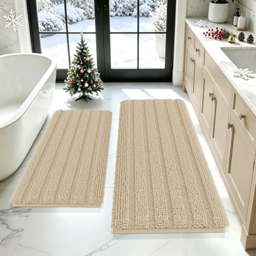 ACCUMTEK Striped Beige Bathroom Rug Mat Set 2 piece 24"x17"+48"x20" Ultra Soft, Non Slip Chenille Bath Rugs, Absorbent Plush Shaggy Bath Mats for Bathroom, Bedroom, Kitchen, Shower, Tub by ACCUMTEK