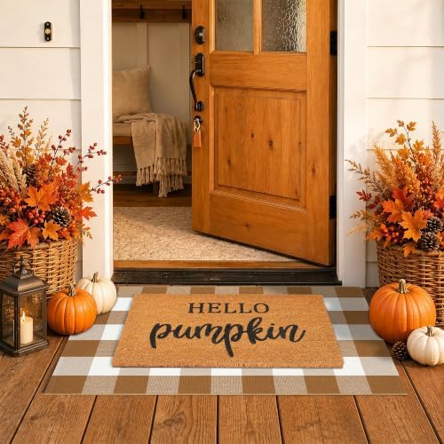 Fall Decor Door Mat Combo Set, 100% Coco Coir Welcome Mat + 28 x 43 Inches Coffee and White Plaid Rug - Fall Thanksgiving Front Porch Entryway Floor Doormat, Indoor Outdoors Autumn Mats Hello Pumpkin by Homydecor
