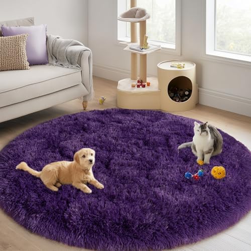 7ft Fluffy Dark Purple Round Rug for Bedroom Living Room, Washable Non-Slip - Image 4