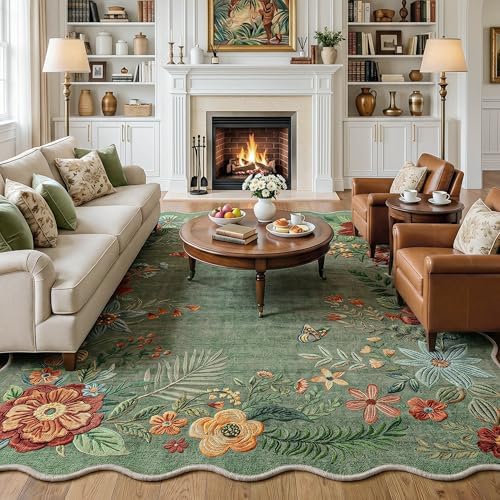 FMFUNCTEX 10x14 Washable Sage Green Boho Scalloped Area Rug for Living Room by Fmfunctex