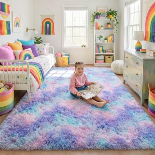 Purple Rainbow Area Rugs for Girls Bedroom Living Room, Fluffy 4x6 Kids Rug - Image 6