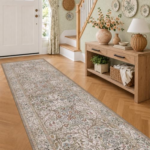 Moss Green 3x10 ft Extra Long Wide Runner Rug for Hallway Non Slip Washable, Large Kitchen Indoor Floor Rugs for Entryway Bathroom Bedroom, Stain Resistant Vintage Neutral Floral Carpet by HazoHaus