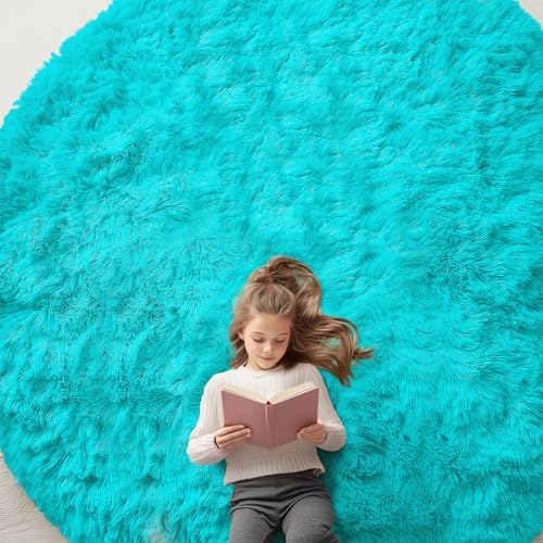 OLANLY Teal Blue Round Rugs for Bedroom - Machine Washable, 9 ft Circle Area Rugs for Living Room, Soft and Fluffy Shaggy Carpet for Teen Girls and Boys, Nursery Rooms, Dorms, Home Decor Aesthetic by OLANLY
