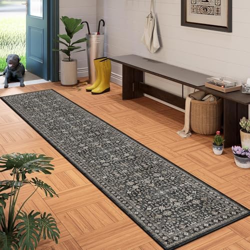 Grey Floral Hallway Runner Rug 2x10 for Kitchen Bathroom - Image 3