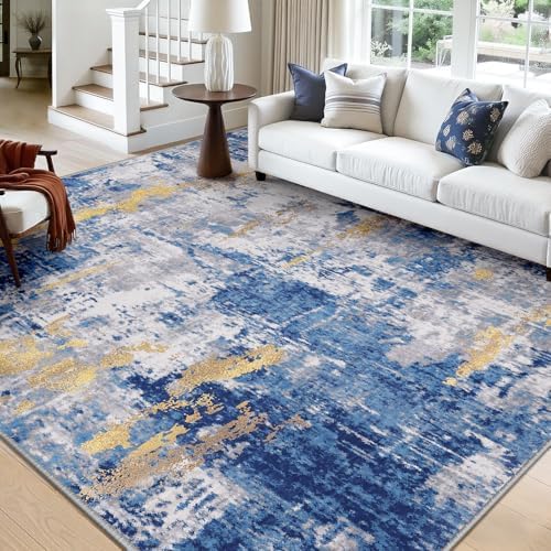 RELEANY Washable Square 10' x10' Area Rug for Living Room Blue Gold by RELEANY