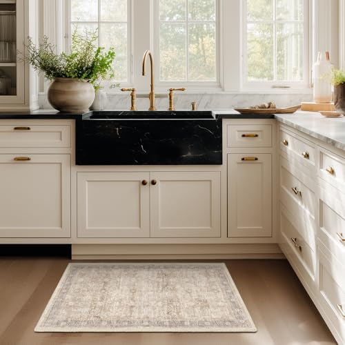 Beige Entryway Rug Indoor, 2x3 Small Door Rugs for Entry Way/Kitchen/Bathroom, Washable Non Slip Low Pile Thin Door Mat Indoor Entrance, Vintage Neutral Earth Tone Rug with Decorative Fringe - Image 3