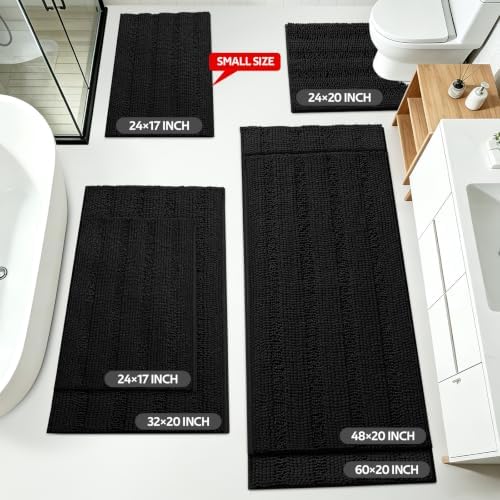 ACCUMTEK Striped Black Bathroom Rug Mat Set 2 piece 32"x20"+24"x17" Ultra Soft, Non Slip Chenille Bath Rugs, Absorbent Plush Shaggy Bath Mats for Bathroom, Bedroom, Kitchen, Shower, Tub - Image 2