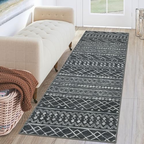 KUTA 2x6 Washable Runner Rug Dark Grey Beige Moroccan Boho Rug Runner by KUTA