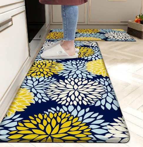 Kitchen Mats Set of 2 Cushioned Anti Fatigue Kitchen Rugs Non Slip Waterproof Kitchen Runner Memory Foam Floor Mat Comfort Standing Mat for Sink,Office,Laundry, Navy Yellow by tubeamin