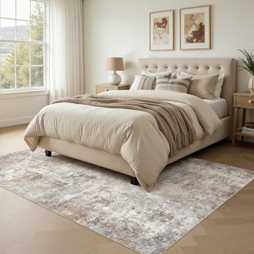 UERMEI 6x9 Area Rug Living Room Rugs - Washable Neutral Modern Abstract Soft Thin Large Rug Indoor Floor No Slip Rug Carpet for Bedroom Under Dining Table Home Office Decor - Brown Grey - Image 3