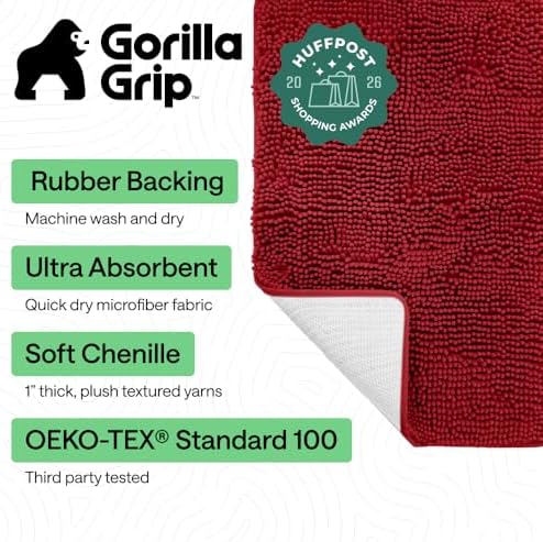 GORILLA GRIP Bath Rug Mat for Bathroom, Absorbent Chenille, 60x24 Red - Image 2