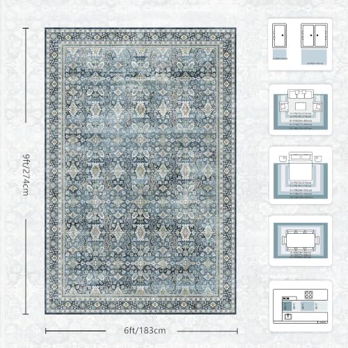 6x9 Area Rugs - Washable Vintage Retro Living Room Rug, Soft Ultra Thin Non Slip Low Pile Traditional Distressed Boho Carpet for Bedroom Dining Room Nursery Home Office, Blue - Image 2