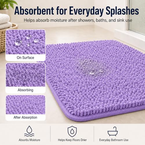 Chenille Bath Mats Set 2 Piece Non-Slip Luxury Bath Runner Rugs Extra Soft Absorbent Shaggy Washable Dry Plush Area Carpet Mats - Lavender - Image 6