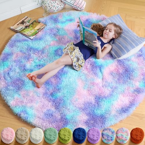 Amdrebio Purple Rainbow Mermaid Small Circle Rug 3Ft for Girls Kids Bedroom by Amdrebio
