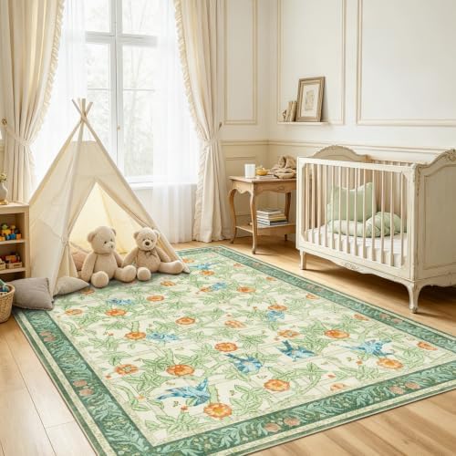 5x7 Area Rug for Living Room, Green Floral Boho Washable Rugs for Bedroom - Image 4