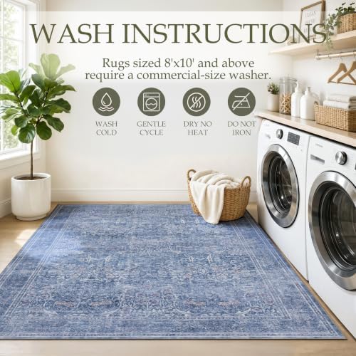 JOLLYVOGUE Entryway Rug, 2x3 Washable Vintage Floral Rug, Dusk Blue - Image 4