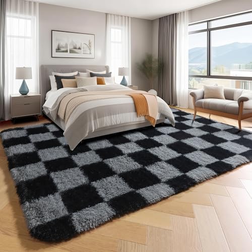 KICMOR Large Rugs for Living Room 7x10 Area Rug, Black and Grey Big Fluffy Shag Shaggy Fuzzy Checkered Bedroom Carpet, Indoor Soft Plush Rug for Kids Boys Girls Dorm Nursery Home Decor Aesthetic - Image 3