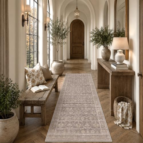 Kitchen Washable 2.6x8 Runner Rug Soft Retro Throw Carpet Taupe Wheat - Image 3