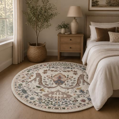 Area Rug for Living Room 5 Round Washable Floral Rug - Image 4