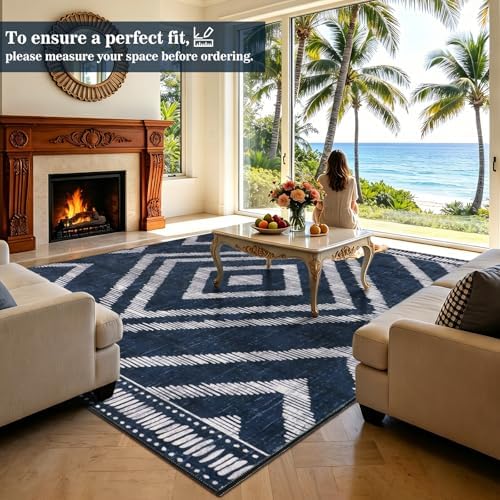 Boho Washable Rugs 6x9ft for Living Room, Navy Blue Low Pile Bedroom Area Rugs Non Slip, Moroccan Soft Kids Nusery Area Floor Carpets for Dining Room Playroom Kitchen Home Office Decor - Image 3