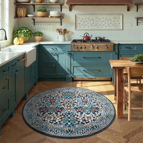 GarveeHome Dark Blue Floral 4 ft Round Rug Washable Non-Slip Soft Low Pile Small Circle Carpet Vintage Rugs for Kitchen Bedroom Nursery Dining Living Room - Image 2