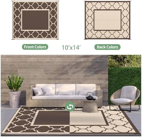 GENIMO Outdoor Rug, Waterproof Plastic Rugs 10'x14' for Camping Coffee Beige - Image 5
