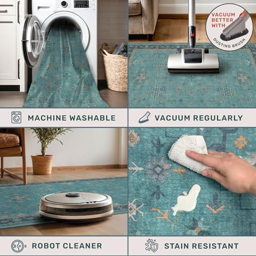 2x3 Washable Teal Rug for Entryway Indoor, Kitchen Floor Waterproof, Bathroom, Powder Room, Non Slip Low Pile Stain & Fade Resistant, Modern Turquoise Aqua Décor - Image 4