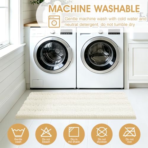 ACCUMTEK Striped Ice Cream Bathroom Rug Set 3 Pieces Ultra Soft, Non Slip Chenille Toilet Mat, Absorbent Plush Shaggy Bath Mats for Bathroom, Bedroom, Kitchen - Image 6
