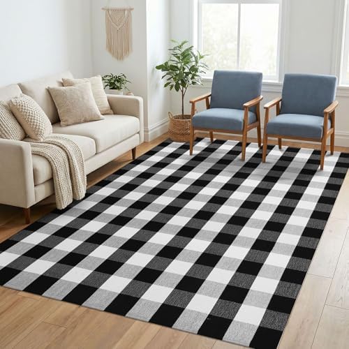 KILOCOCO Buffalo Plaid Checkered Rug 5x7 ft Black White Living Room Rug by Kilococo