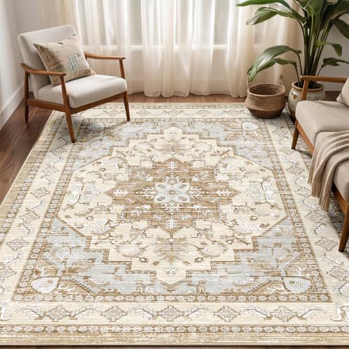 Area Rugs 5x7 Washable Non-Slip Boho Rug for Living Room, Beige Tan by tubeamin