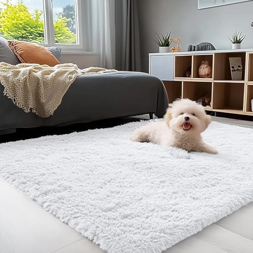 OLANLY 4x4 Machine Washable Accent Rug, Soft Fluffy Shaggy Area Rug for Bedroom, Living Room, Indoor Floor Carpet for Kids, Nursery, Home Decor, White by OLANLY