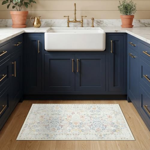 White Ivory Washable Entry Rug 2x3 Small Rugs- Front Door Throw Rugs Indoor, Non-Slip Bathroom Mat, Vintage Floral Thin Rug Stain Resistance for Kitchen, Laundry, Boho Entryway Décor - Image 6