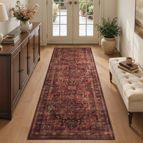 Washable Hallway Runner Rug 2'x7', Vintage Medallion, Dark Red by Jainmy