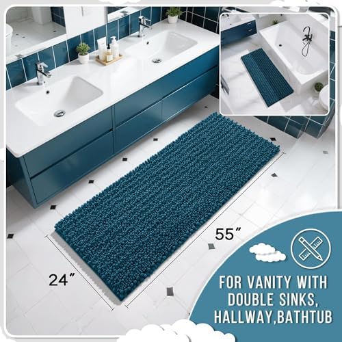 Yimobra Bathroom Runner Rug 55x24 Inch - Extra Long Non Slip Chenille Bath Mat, Soft & Absorbent, Machine Washable Shaggy Hallway Carpet for Vanity Tub Shower, Peacock Blue Home Decor Accessories - Image 2