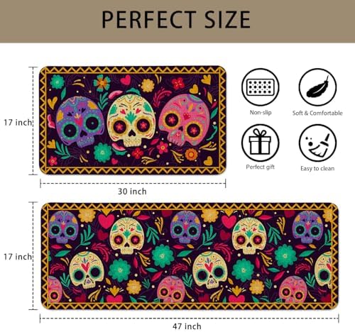 Mexican Skulls Kitchen Mat Set of 2, Halloween Kitchen Rugs Colorful Sugar Skull Calavera Day of The Dead Kitchen Rug Decor Home Decorations, Día de Los Muertos Floor Mat - Image 3