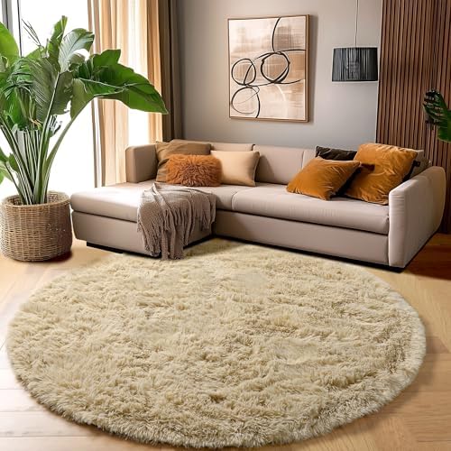 Amdrebio Beige Boho Round Circle Fluffy Area Rug 4Ft for Bedroom Nursery - Image 5