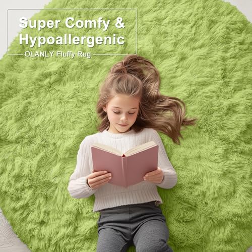 OLANLY Grass Green Round Rugs for Bedroom - Machine Washable, 3 ft Circle Area Rugs for Living Room, Soft and Fluffy Shaggy Carpet for Teen Girls and Boys, Nursery Rooms, Dorms, Home Decor Aesthetic - Image 6
